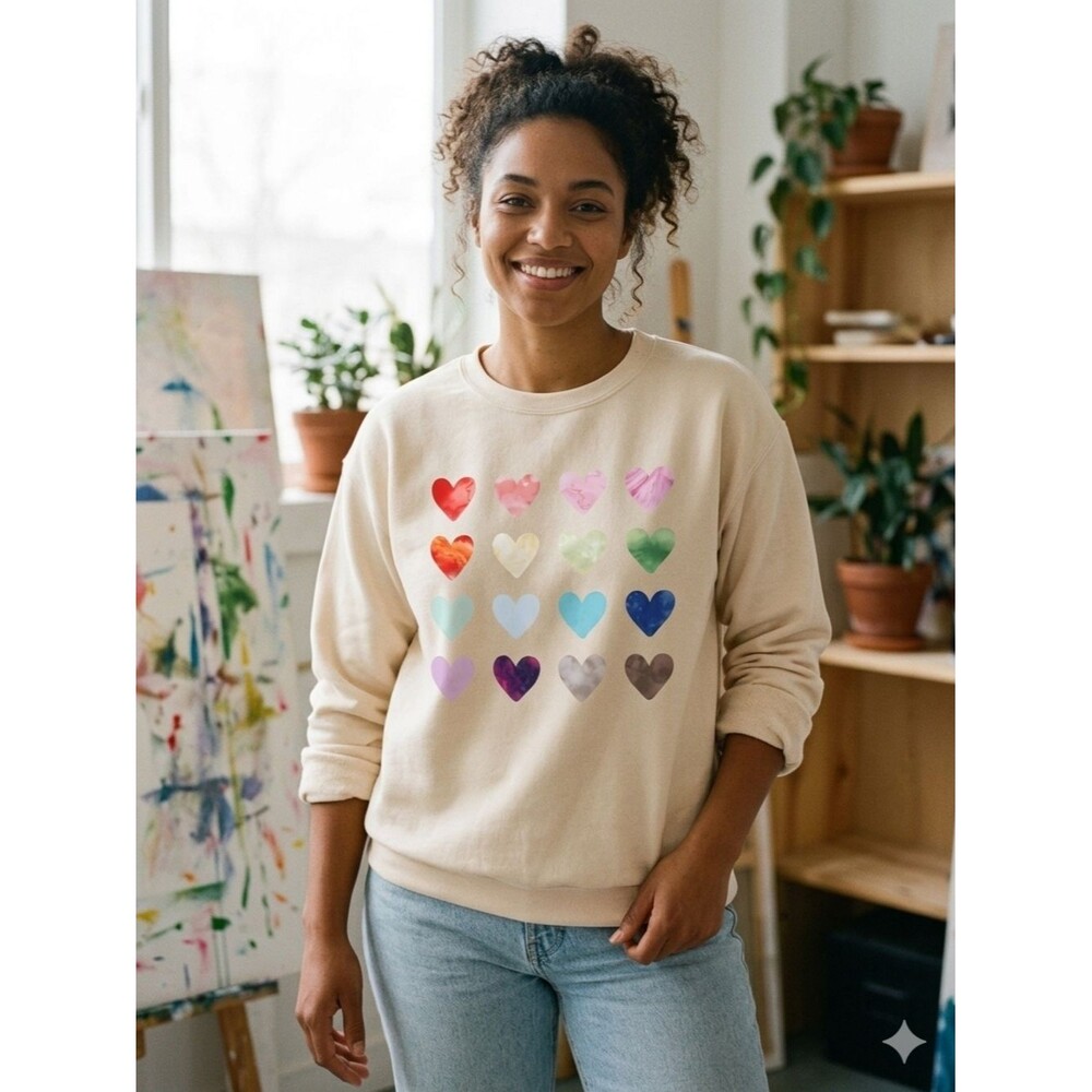 Cozy Cream Heart Sweatshirt Multicolor Watercolor Hearts Size XL NWOT P2P 23 In